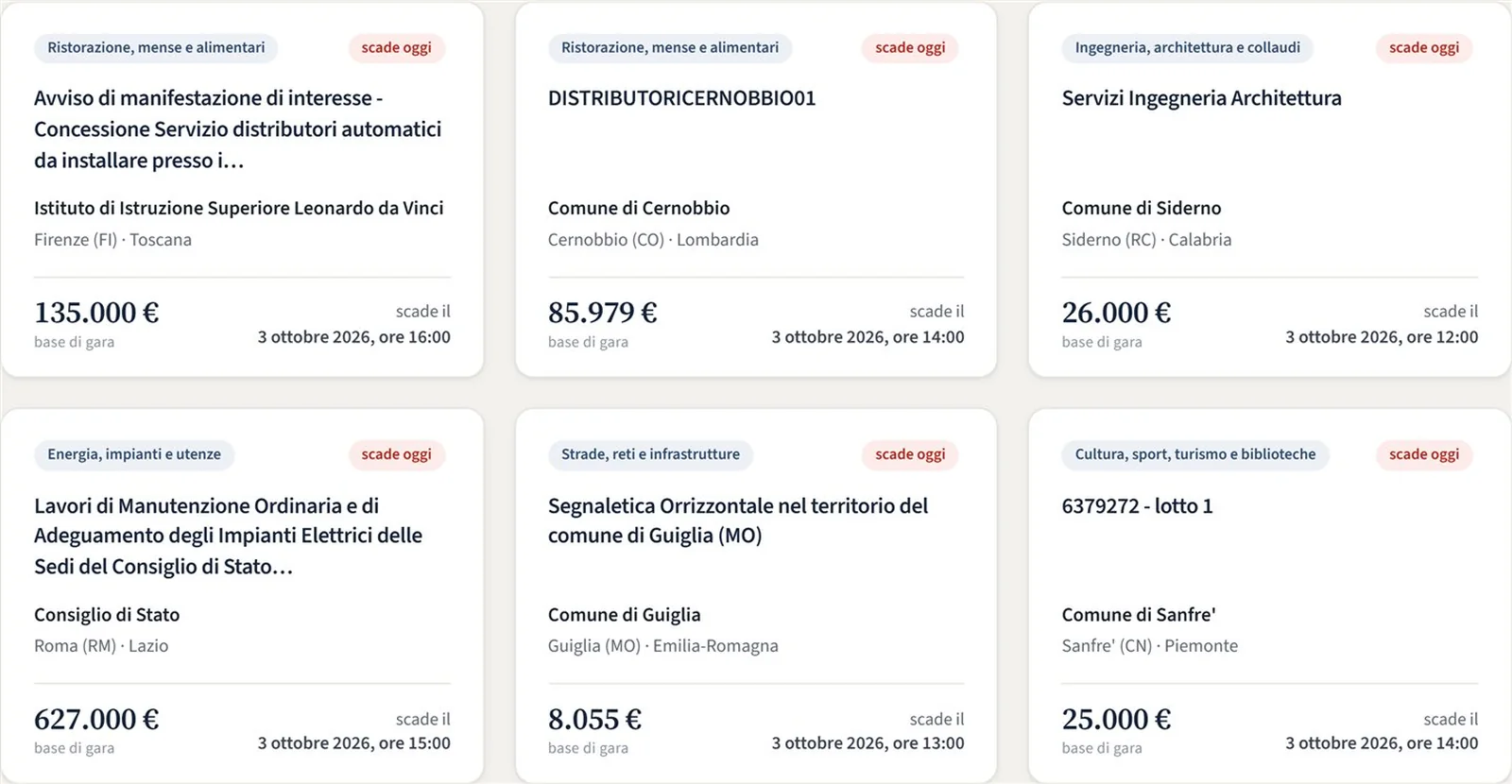 Nixsa Bandi: schede di gare con categoria, ente, importo a base di gara e scadenza