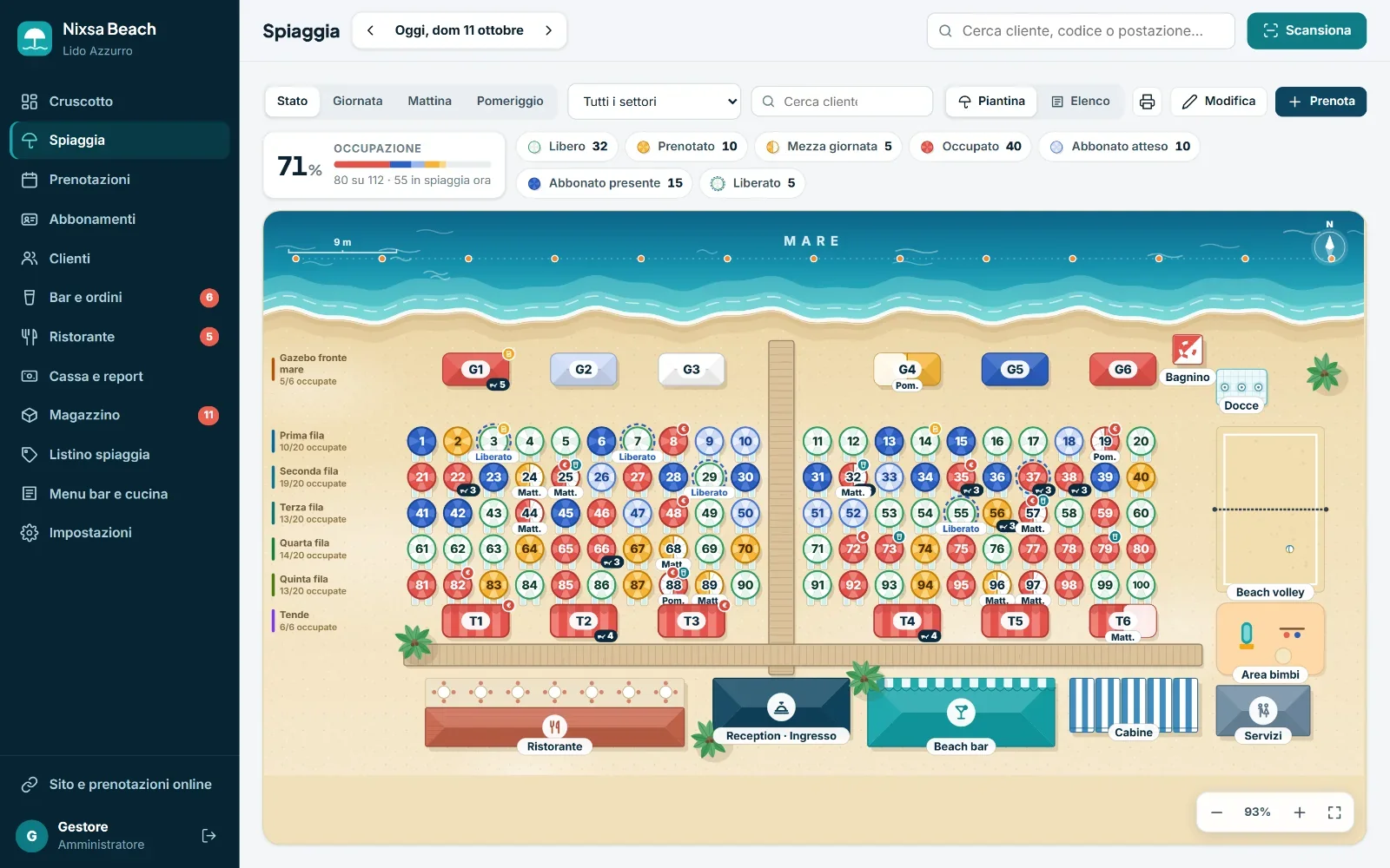 Nixsa Beach: mappa illustrata della spiaggia con gli ombrelloni colorati per stato, gazebo, passerelle, bar e servizi