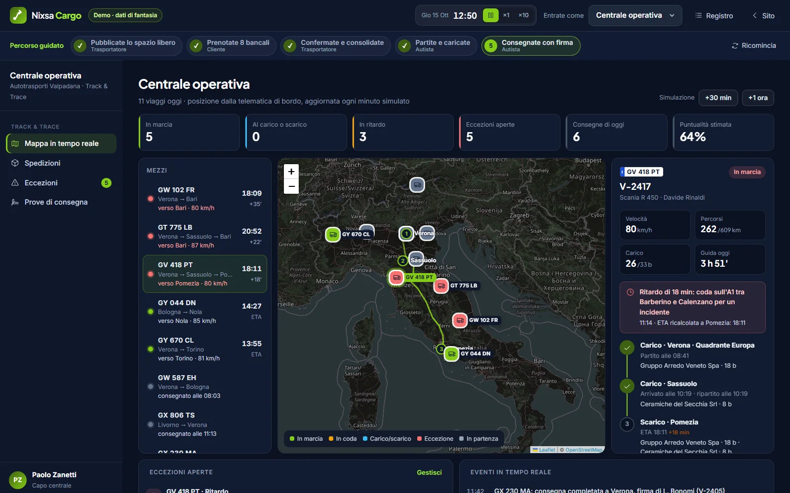 Nixsa Cargo: centrale operativa con i camion in movimento sulla mappa, ritardi ed eccezioni