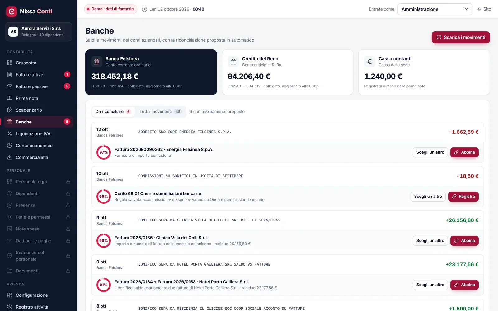 Nixsa Conti: riconciliazione bancaria con gli abbinamenti proposti in automatico