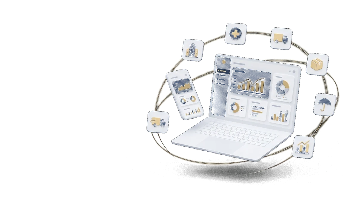 A laptop and a phone running the Nixsa platforms, surrounded by the icons of each sector