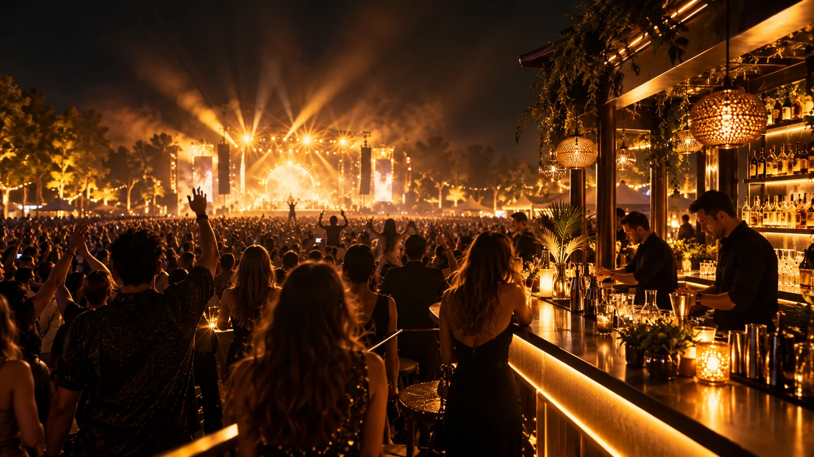 A festival at night with the bar lit up: the typical setting for Sistema Token